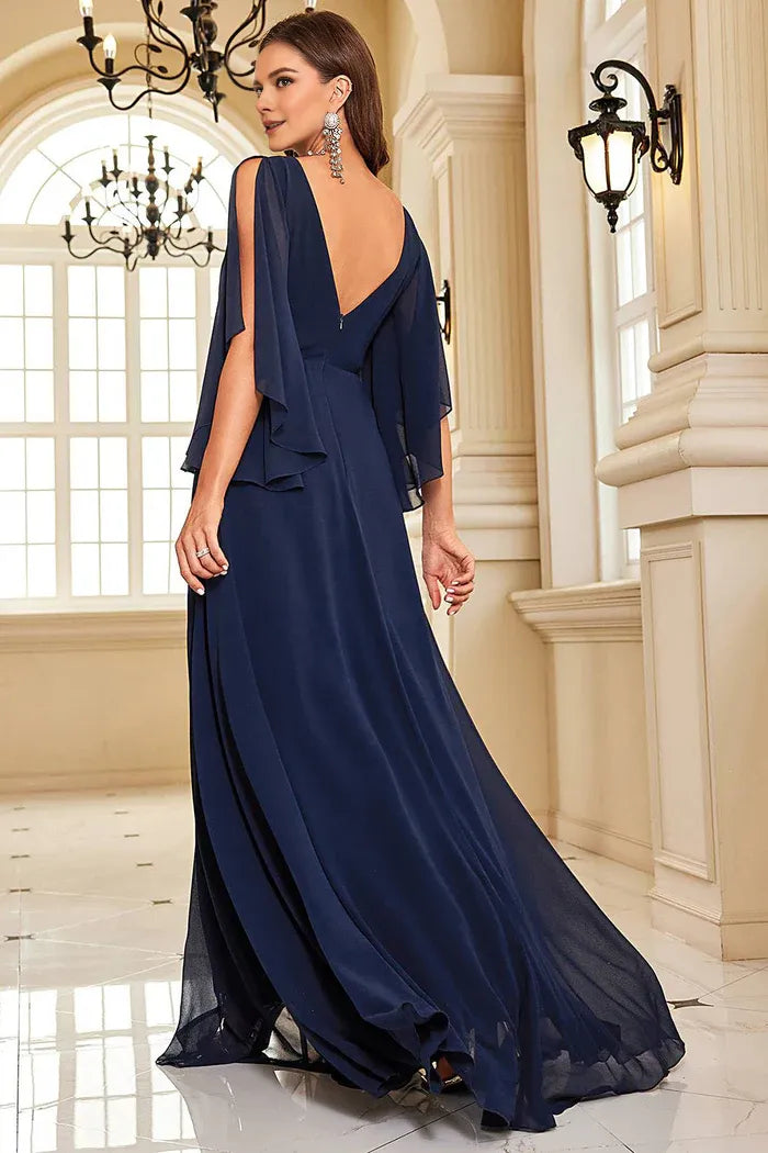 Weitese Dress Navy Bat Sleeves Chiffon Backless Formal Dress With Slit Prom Dress